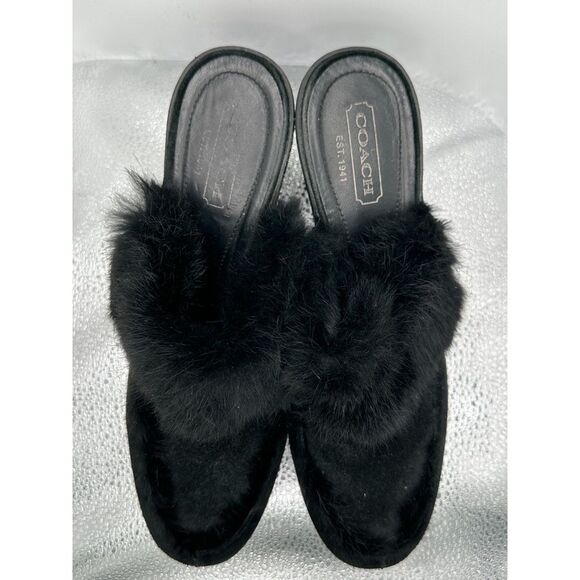 COACH Kaela Black Suede Rabbit Fur Slip On Clogs Mules With Wedge Heels - US 9 - Picture 10 of 11